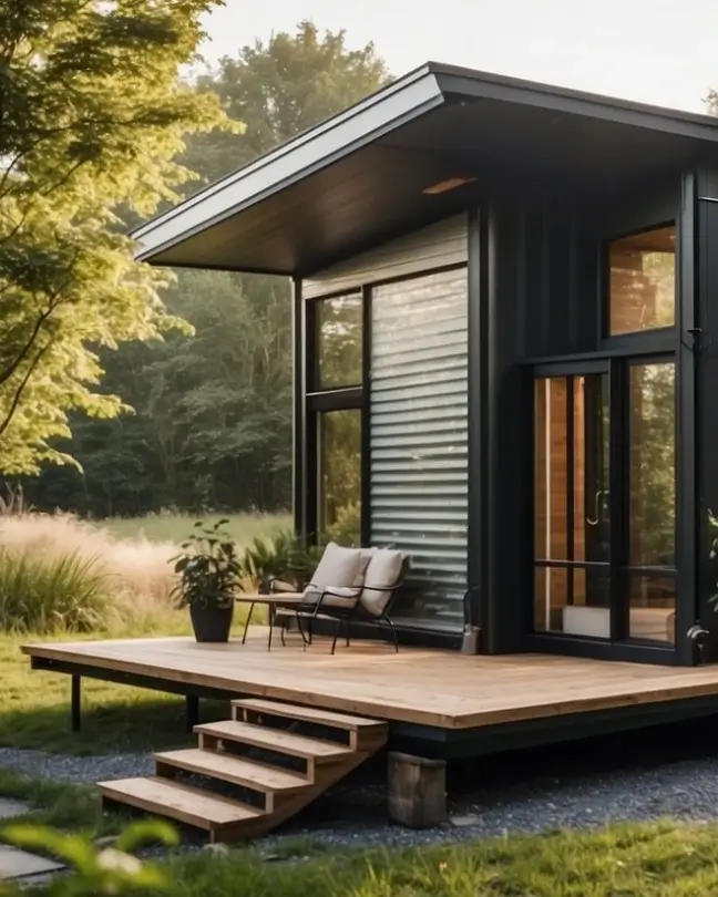 A cozy eco tiny house surrounded by lush greenery, with solar panels on the roof, a rainwater collection system, and large windows for natural light