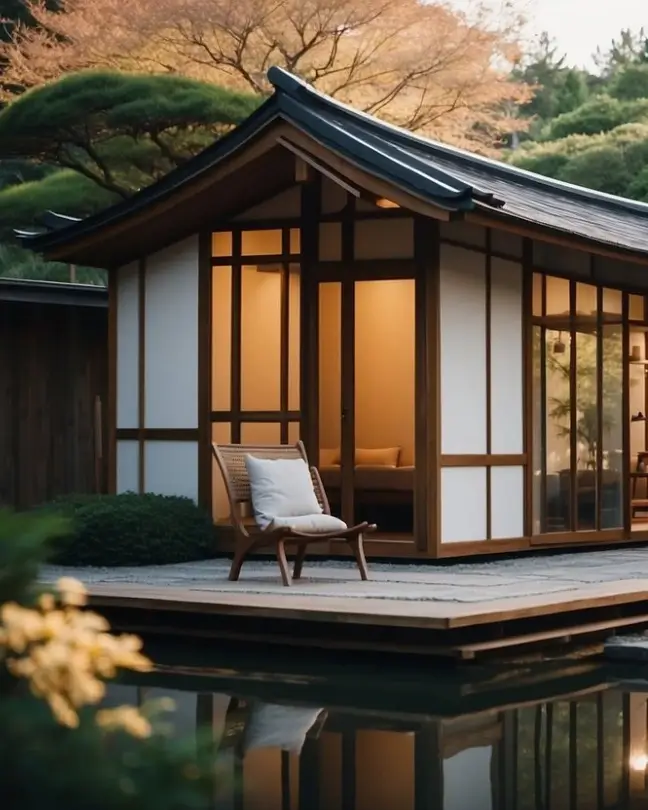 A serene Japanese garden surrounds a minimalist tiny house with sliding shoji doors and a curved tiled roof