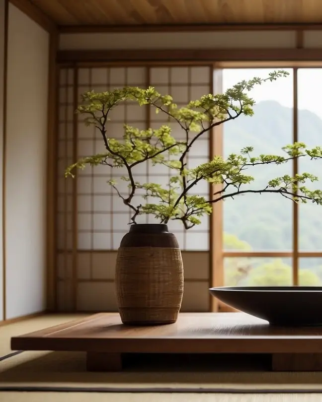 A tatami-floored room with sliding shoji screens, low wooden furniture, and minimalist decor. A tokonoma alcove displays a simple flower arrangement