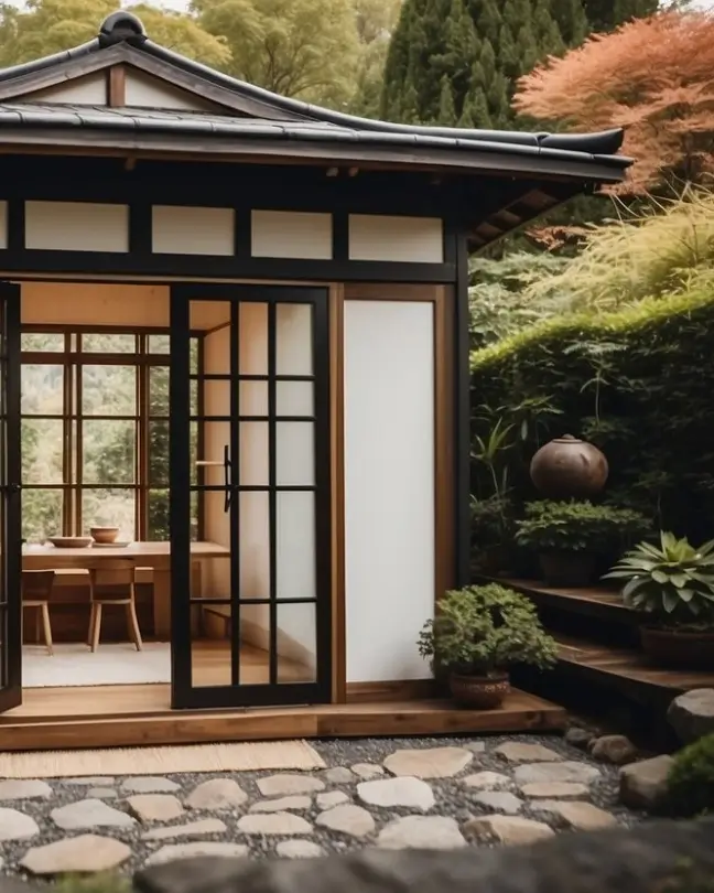 A Japanese-style tiny house with traditional sloped roof, sliding doors, and wooden lattice windows nestled among a serene garden