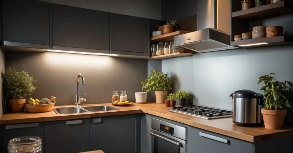 A compact kitchen with a small sink, a two-burner stove, and a mini-fridge. Open shelving and a fold-down table maximize space