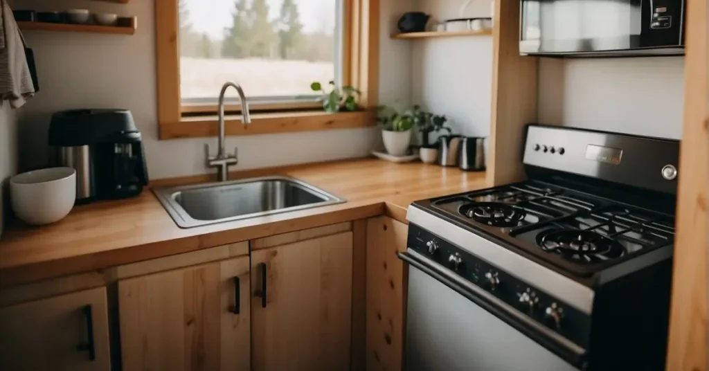 A compact kitchen with a sleek stove, mini-fridge, and small sink, all neatly organized in a tiny house
