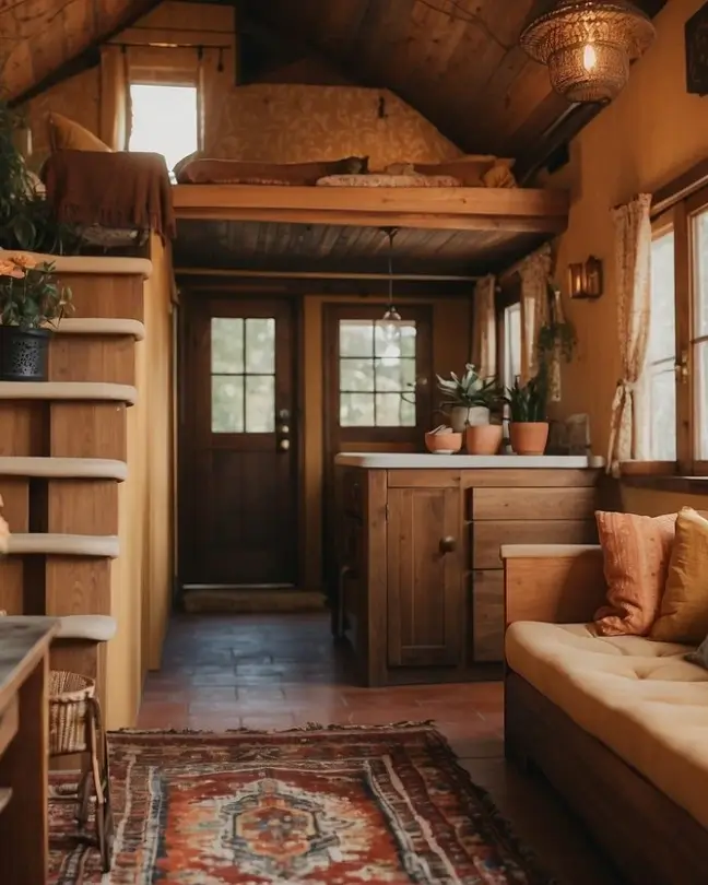 A cozy Spanish-style tiny house with ornate furniture, colorful textiles, and decorative tiles. Warm earthy tones and intricate patterns create a charming and inviting atmosphere