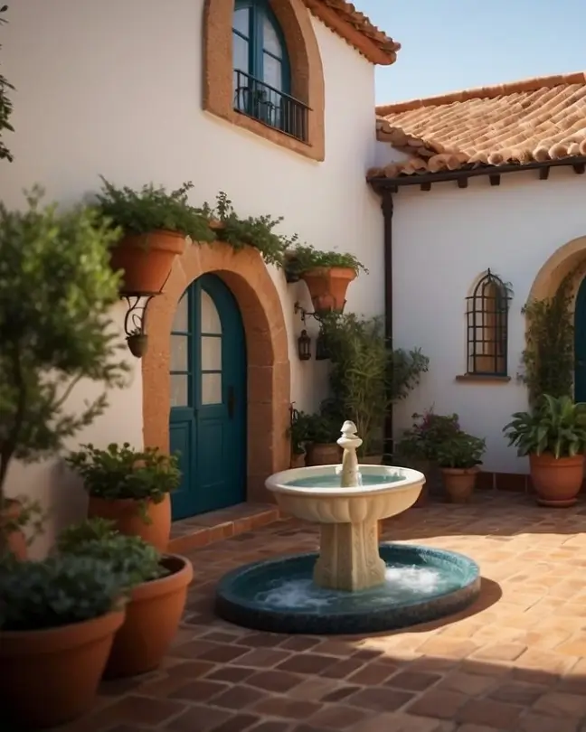 A Spanish style tiny house with terracotta roof, white stucco walls, arched windows, and colorful tiles. A small courtyard with a fountain and potted plants