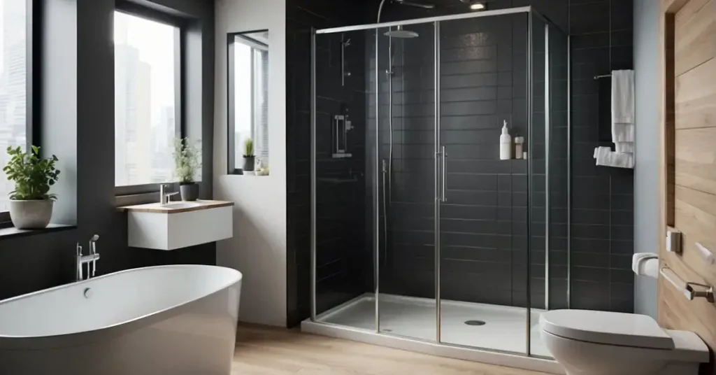 A compact wet room with a shower, toilet, and sink. Space-saving fixtures and efficient layout. Minimalist design with clean lines and modern finishes