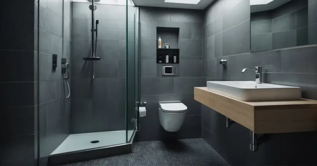 The tiny wet room is well-lit with natural light from a skylight and features a small but efficient ventilation system