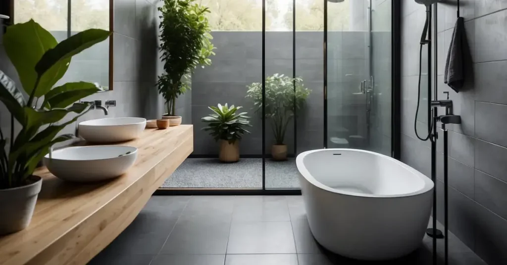 The tiny wet room features a sleek, modern design with a minimalist aesthetic. The decor includes a floating vanity, a large mirror, and a glass-enclosed shower. Accessories such as a towel rack and potted plants add a touch of warmth to