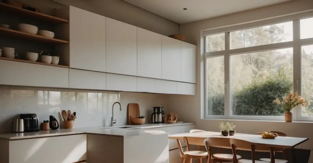 A cozy, minimalist kitchen with sleek countertops, open shelving, and a small dining area. Natural light streams in through a large window, illuminating the space