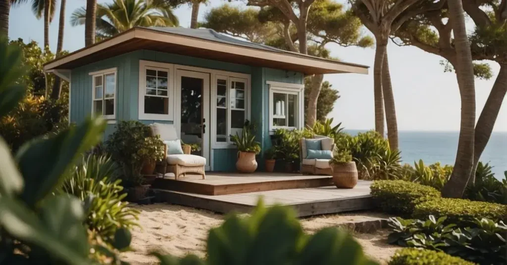 A tiny beach house nestled among lush landscaping, with a cozy outdoor space for lounging and enjoying the ocean views