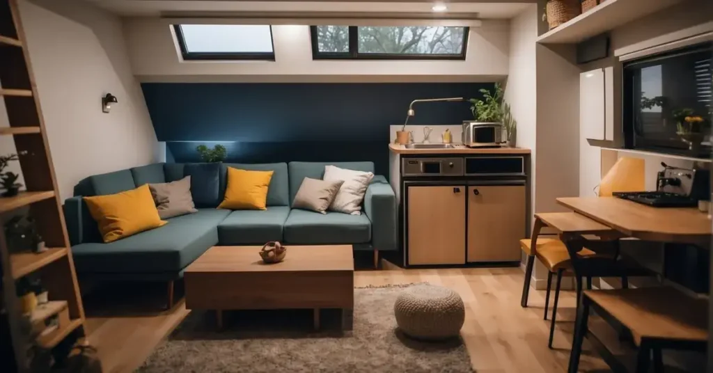 A cozy living room with a small sofa, foldable table, and compact storage solutions. A lofted bed with a ladder and a compact kitchenette with a mini-fridge and a small stove