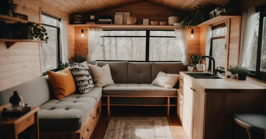 The small space is adorned with cozy furniture and decorative touches, maximizing functionality and style in a tiny house setting