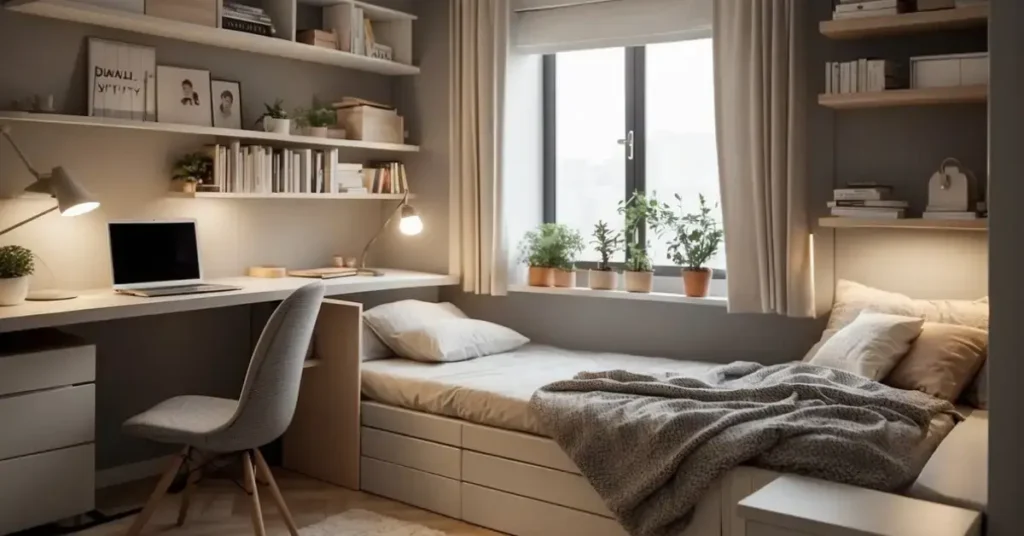 A cozy, clutter-free tiny bedroom with smart storage solutions, a fold-down bed, and neutral color palette for a sense of spaciousness