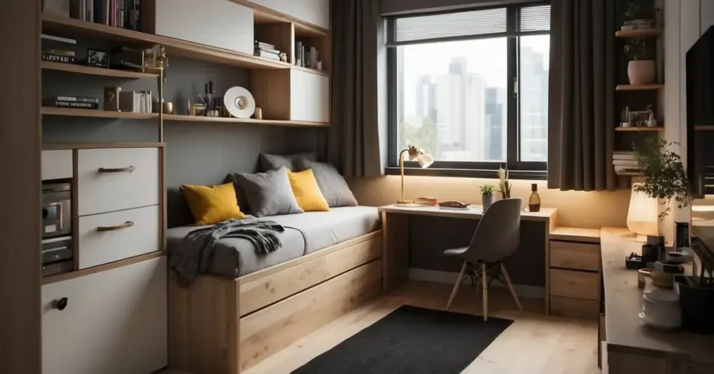 A small bed with built-in storage, compact desk, and wall-mounted shelves in a tiny bedroom
