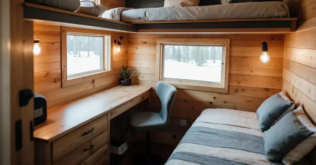 A cozy loft bed with storage underneath, a fold-down desk, and built-in shelving against a shiplap accent wall in a tiny house bedroom design
