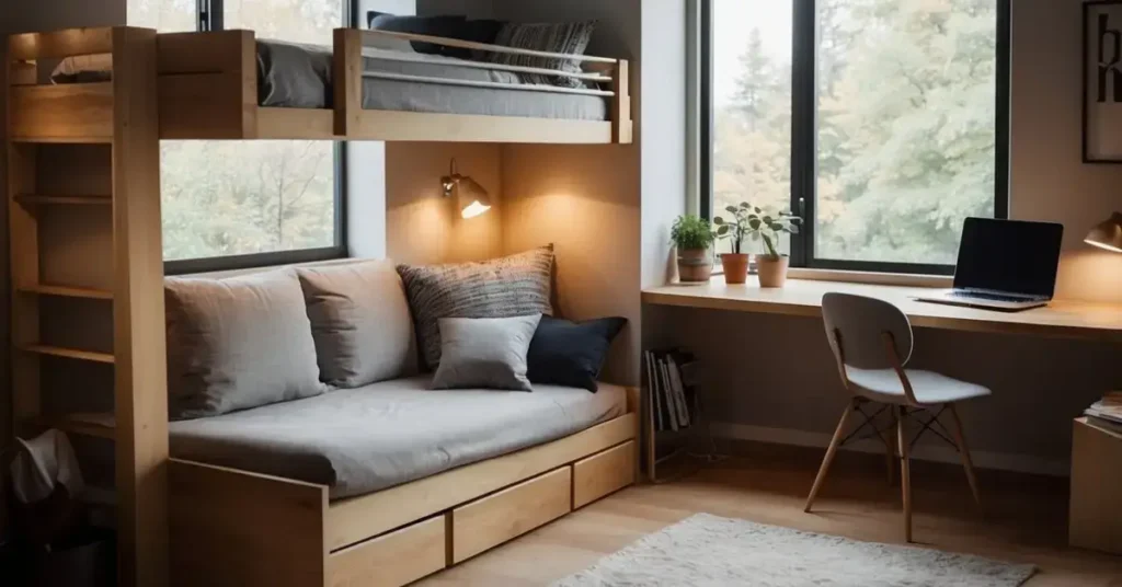 A cozy loft bed with built-in storage and a fold-down desk, surrounded by large windows for natural light