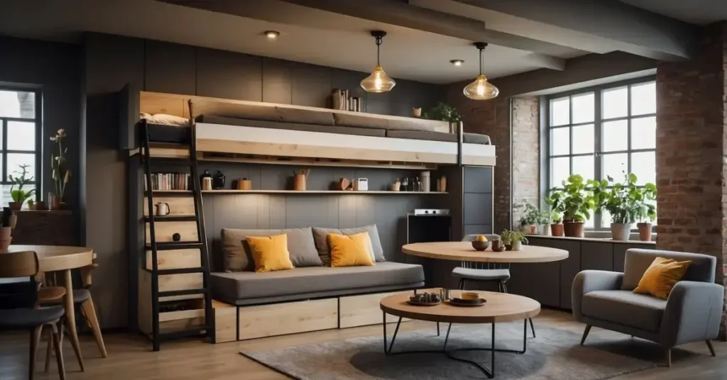 A cozy living room with a convertible sofa, fold-out dining table, and hidden storage compartments. A loft bed with built-in shelves and a compact kitchen with space-saving appliances