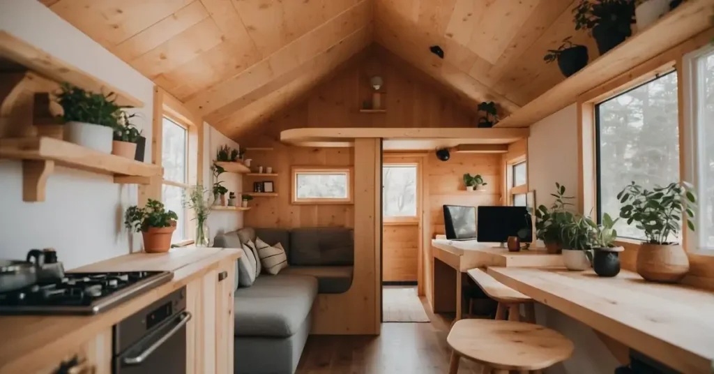 A cozy tiny house with minimalist furniture, clean lines, and natural materials. Aesthetic and functional design for small space living