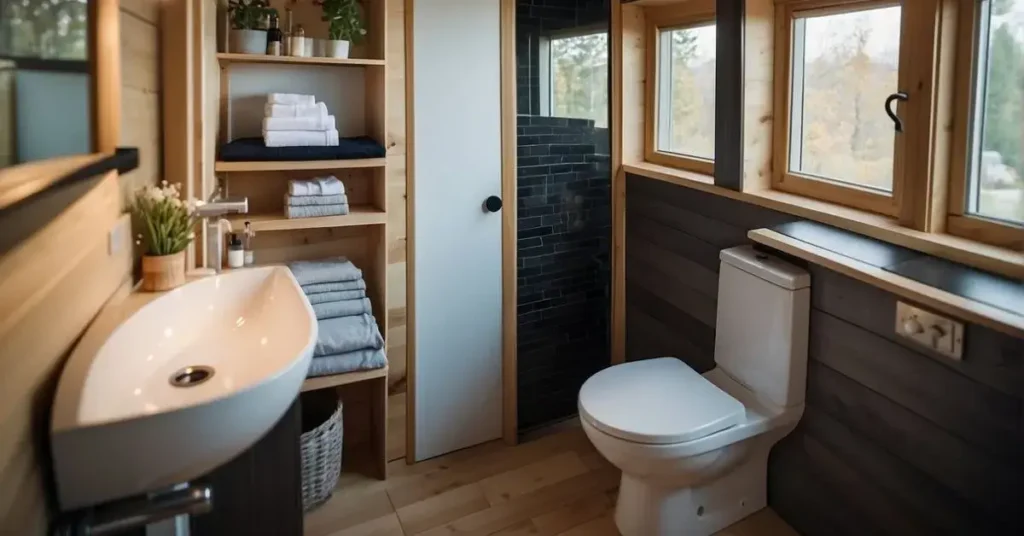 A compact bathroom in a tiny house, with a space-saving shower, toilet, and sink. Clever storage solutions and minimalist design maximize the limited space