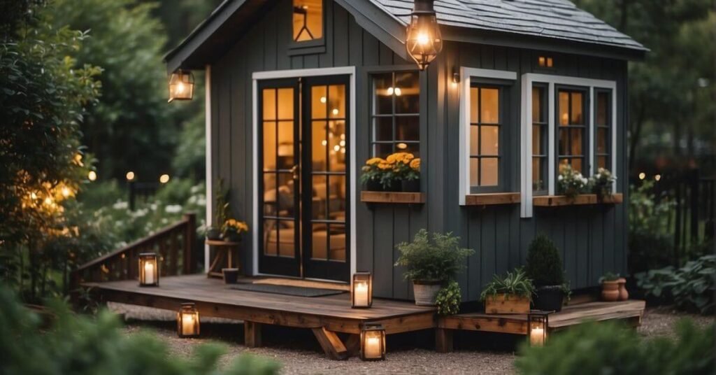 A cozy tiny house with a charming deck, surrounded by lush greenery and twinkling string lights