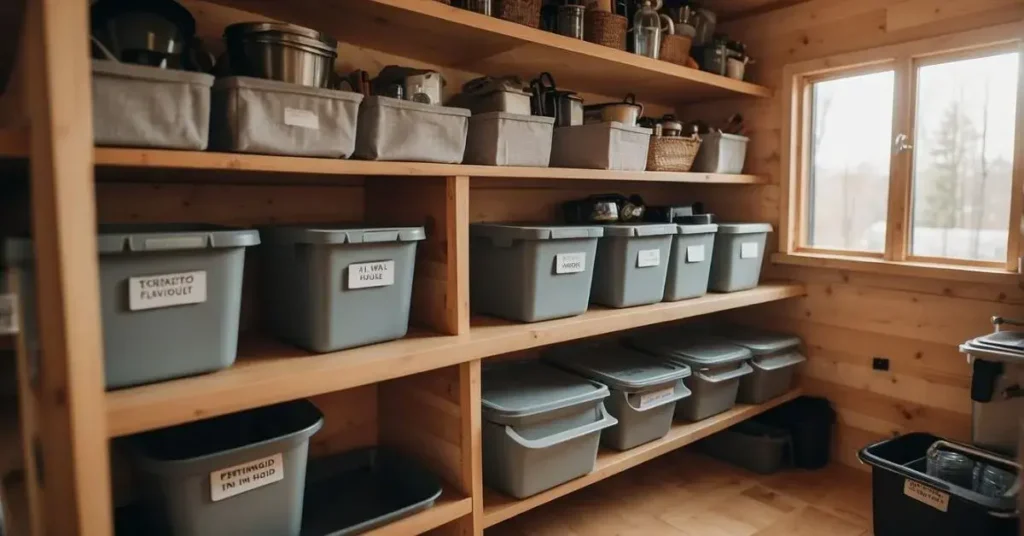 A neatly organized tiny house storage space with labeled bins, shelves, and hooks for various items