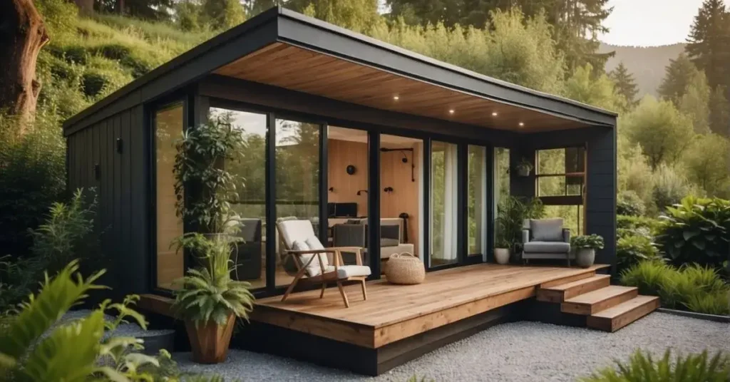 A cozy tiny house with modern interior design, featuring a small pool surrounded by lush greenery