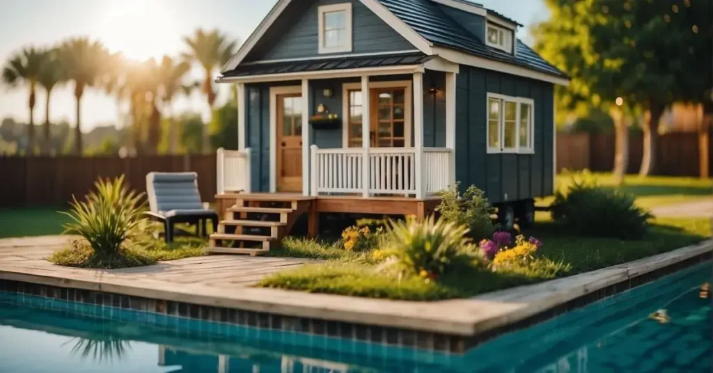 A tiny house sits on a grassy lot, surrounded by a fence. A small pool is nestled next to the house, with a deck and lounge chairs nearby