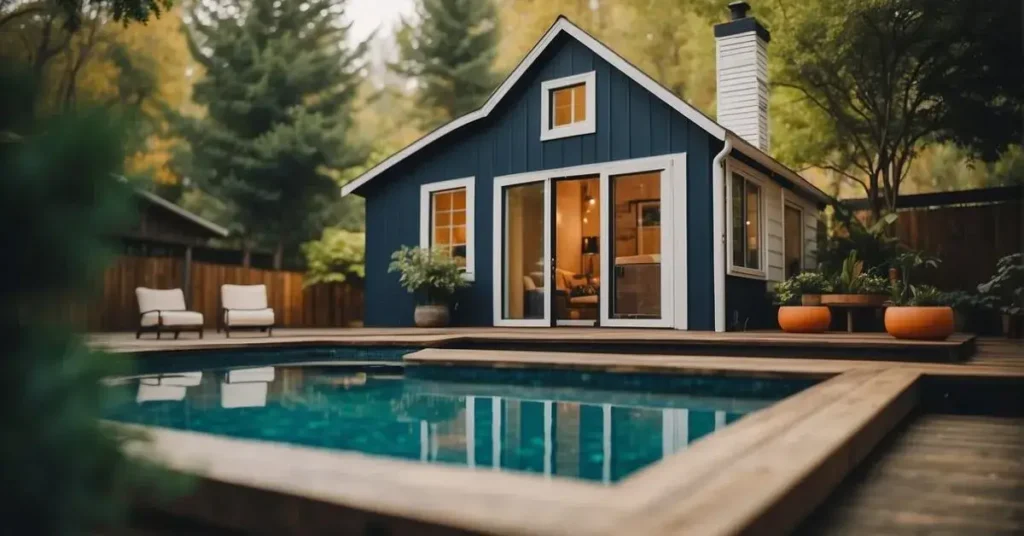 A tiny house nestled among trees with a small, sparkling pool in the backyard