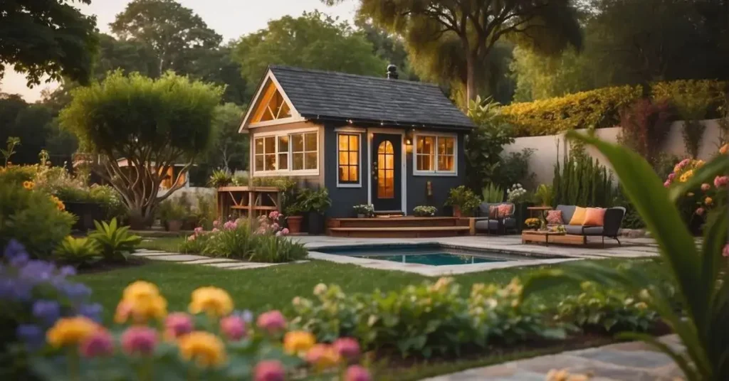 A tiny house sits nestled among lush landscaping, with a sparkling pool as its centerpiece. Outdoor features include a cozy fire pit, a hammock strung between two trees, and a small garden bursting with colorful flowers