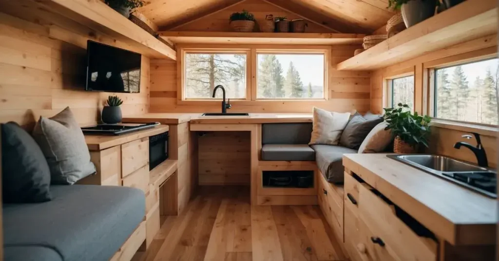 A tiny house with clever storage solutions: built-in shelves, hidden compartments, and multi-functional furniture