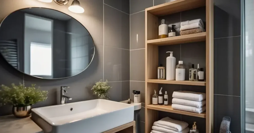 A compact bathroom with space-saving storage solutions, featuring a wall-mounted cabinet, floating shelves, and a cleverly designed shower caddy