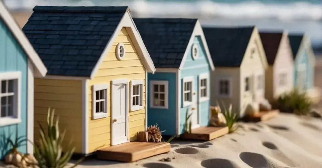 A row of tiny beach houses line the shore, each with a unique architectural style - from modern to traditional, all designed for coastal living