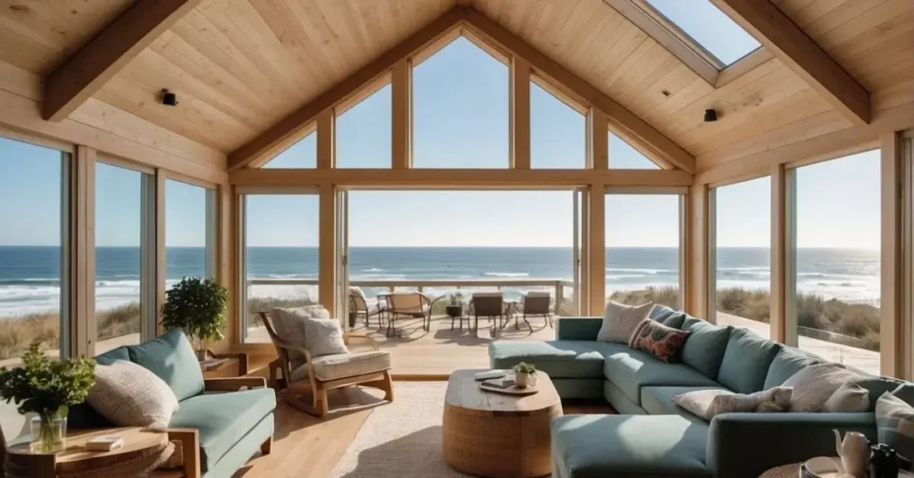 A cozy beach house with clever storage solutions and multifunctional furniture to maximize space. Windows let in natural light and provide a view of the ocean