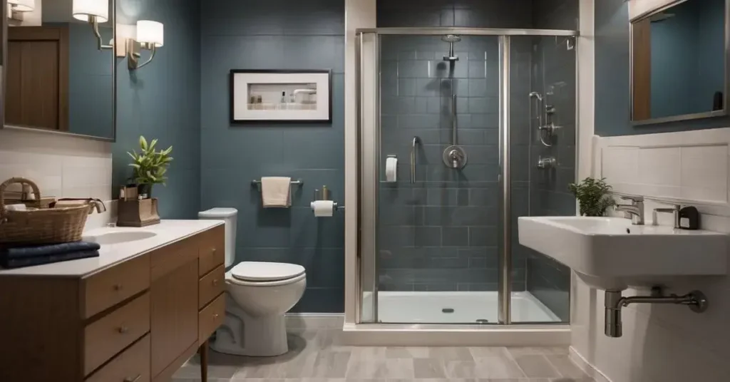 The tiny bathroom includes grab bars, a roll-in shower, and a raised toilet seat for accessibility
