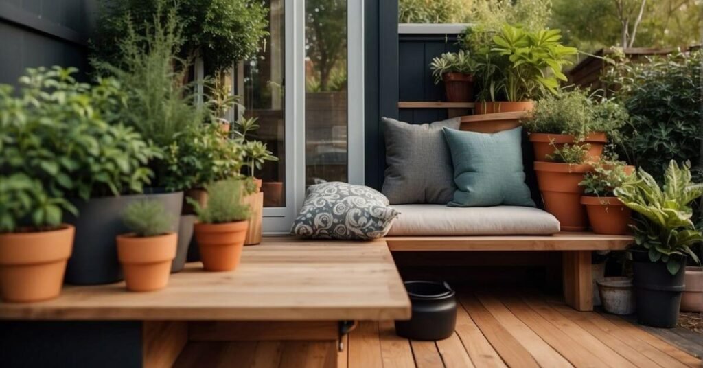 A small deck attached to a tiny house, with space-saving features like built-in seating, fold-down tables, and storage compartments. The deck is surrounded by potted plants and has a cozy, welcoming atmosphere
