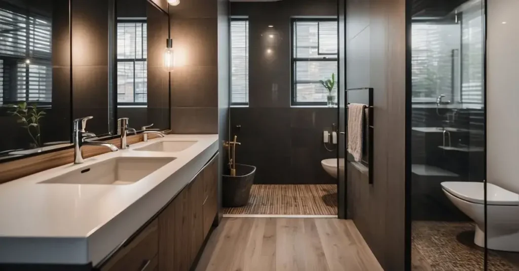 A sleek, modern tiny house bathroom with a minimalist design, featuring a compact shower, floating vanity, and large mirror