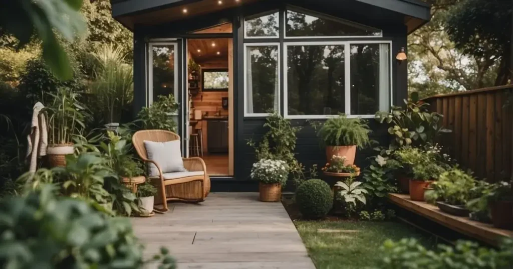 A small, cozy tiny house with a spacious outdoor deck, complete with a dining area, lounge chairs, and potted plants. The deck is surrounded by lush greenery and offers a beautiful view of the surrounding nature