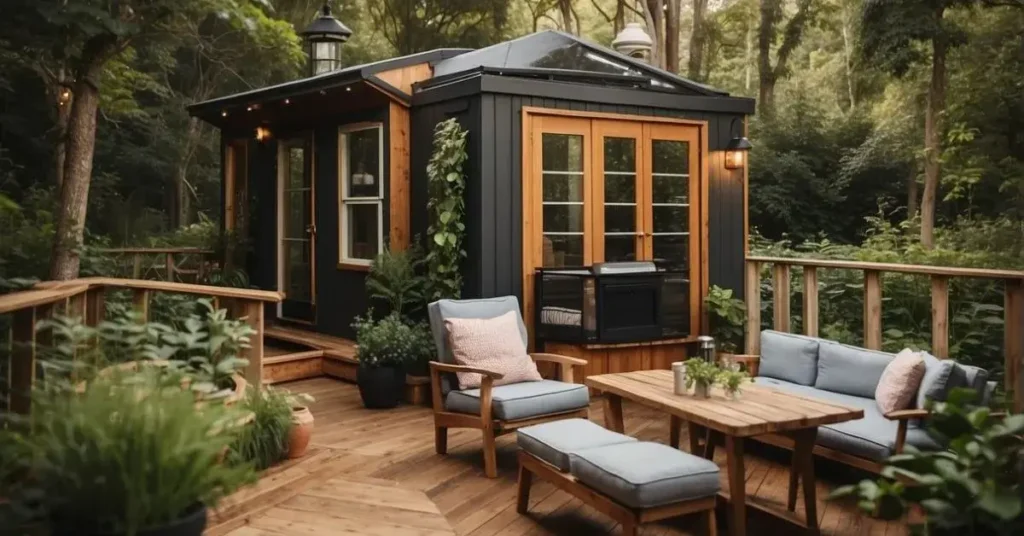 A tiny house surrounded by lush greenery, with a cozy front porch and large windows. A small garden and outdoor seating area add charm to the exterior