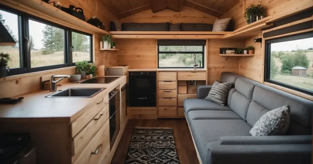 A tiny house with convertible furniture: a sofa that transforms into a bed, a dining table that doubles as a work desk, and storage compartments hidden in every nook and cranny