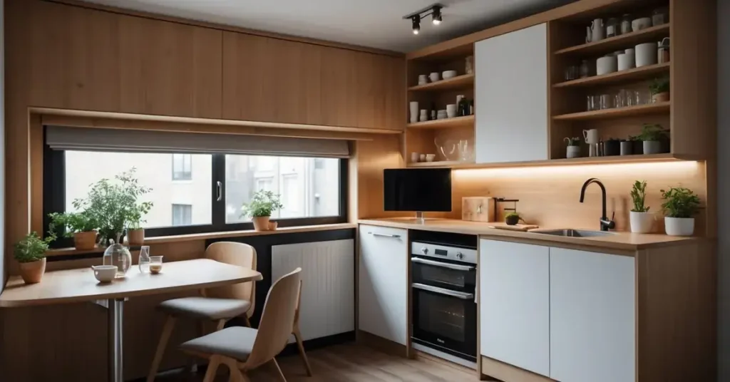 A small kitchen with foldable table, compact fridge, and hidden storage. Loft bed with built-in shelves and pull-out desk. Multi-functional furniture maximizes space