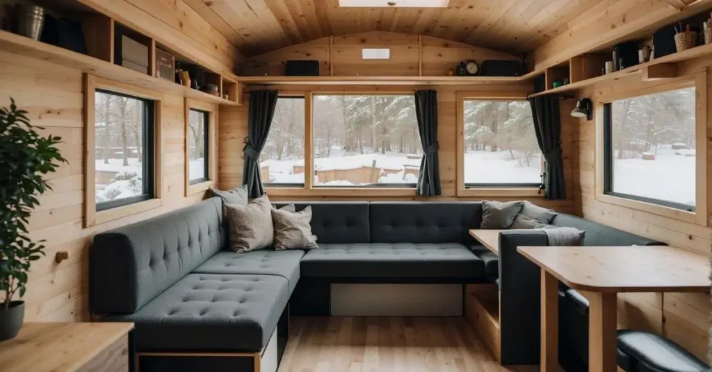 A compact living area with a convertible sofa bed, fold-out dining table, and hidden storage compartments for a tiny house