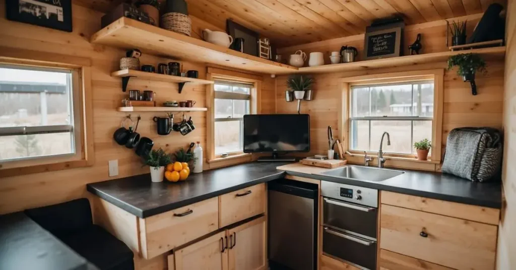 A well-organized tiny house with clever storage solutions and multi-functional furniture. Shelves, hooks, and hidden compartments maximize space