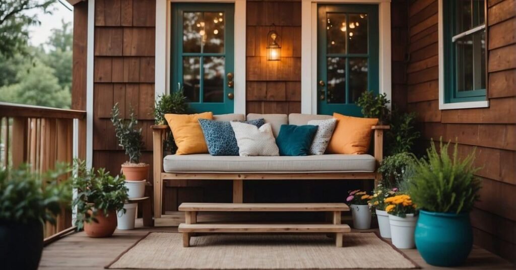 A cozy tiny house deck adorned with potted plants, string lights, and colorful throw pillows, creating a welcoming and inviting outdoor space