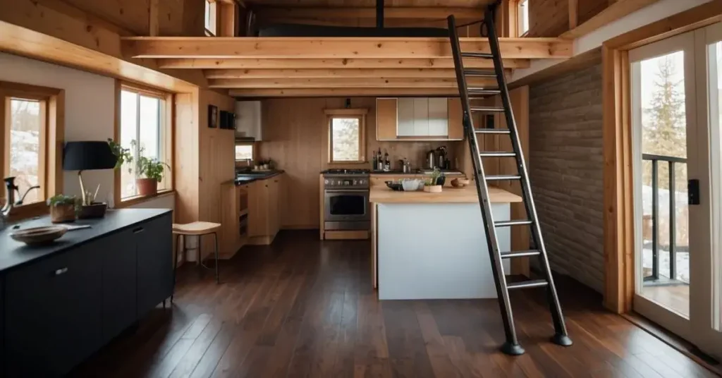 A compact ladder folds neatly against a loft wall, maximizing space in a tiny house. Clever design allows for easy access to the loft without taking up valuable floor space. tiny house loft ladder ideas