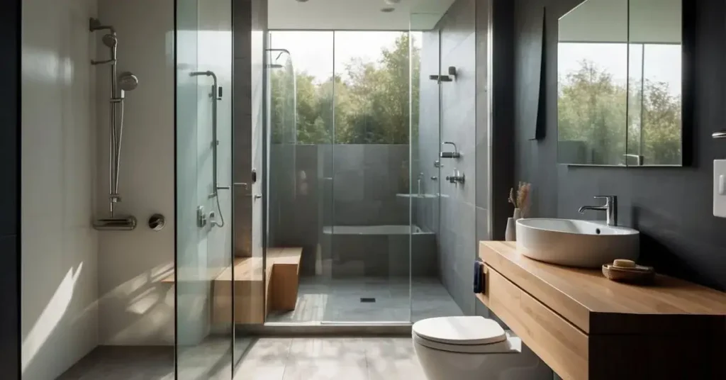 A compact bathroom with a water-saving toilet, a small sink with a faucet, and a shower stall with a low-flow showerhead. The space is efficiently designed with sustainable materials and natural light