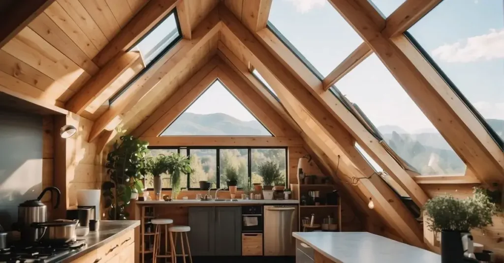 A tiny house with vaulted ceilings, exposed beams, and skylights for natural light. Considerations for insulation and ventilation are evident in the design