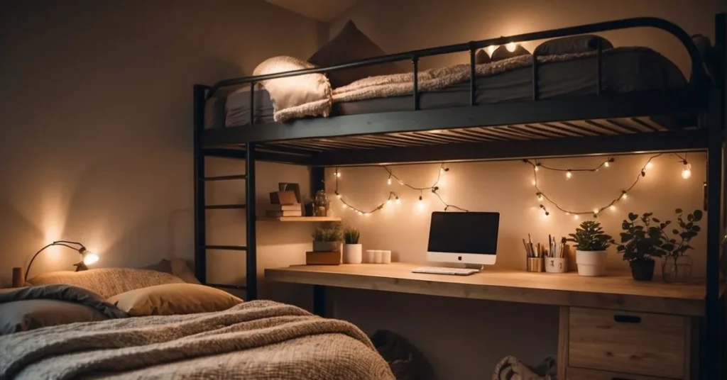 A cozy loft bed sits above a compact desk and storage area. Soft lighting and warm textiles create a welcoming atmosphere