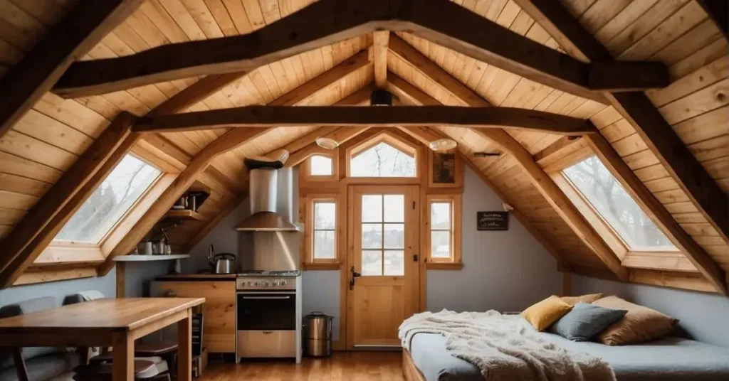 A cozy tiny house with a vaulted ceiling, adorned with rustic wooden beams and skylights, creating a warm and inviting atmosphere