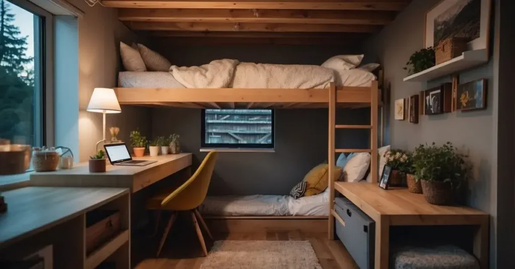 A cozy loft bed tucked under a sloped ceiling, with built-in storage and a small desk. A ladder leads up to the bed, which is adorned with soft blankets and pillows