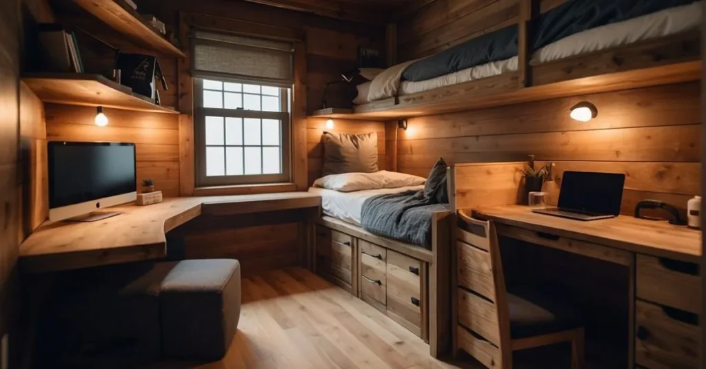 A cozy loft bed with built-in storage and a fold-down desk, surrounded by rustic wood paneling and soft lighting