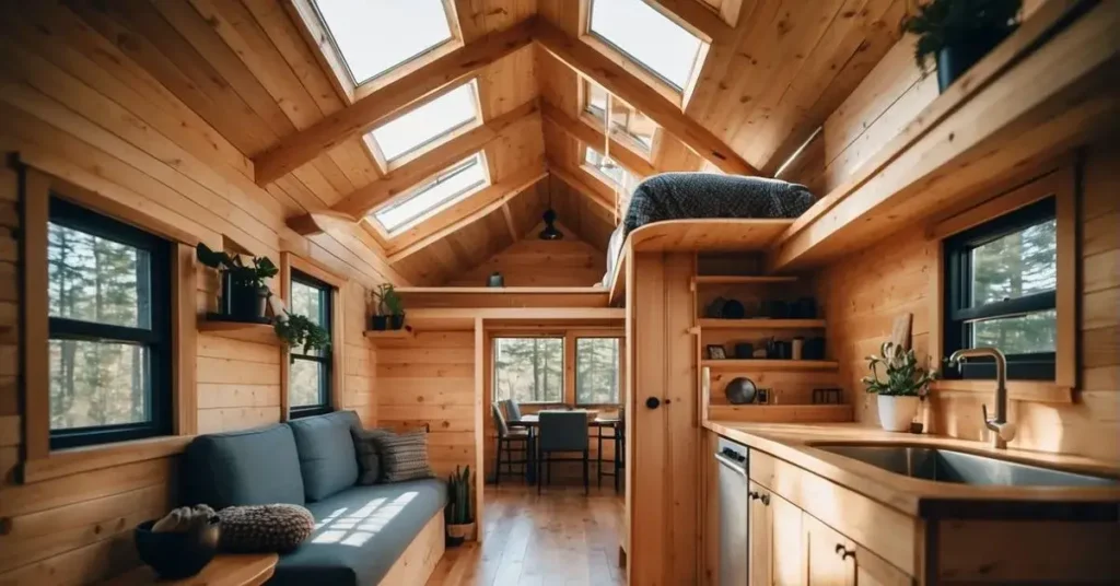 A cozy tiny house interior with various ceiling ideas, including exposed beams, skylights, and vaulted ceilings. Furniture and decor are minimalistic, creating a sense of spaciousness